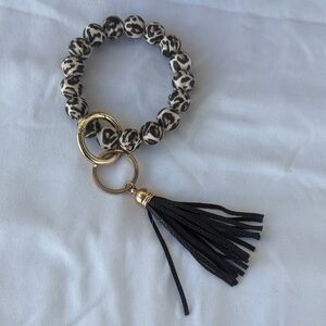 Leopard Print Beaded Keychain Bracelet with Tassel